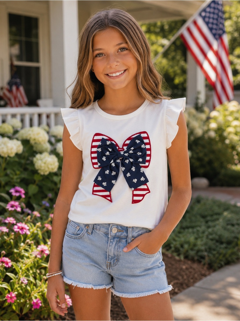 Gymboree Size 12 White Patriotic Bow Top Red White Blue Flutter Sleeve